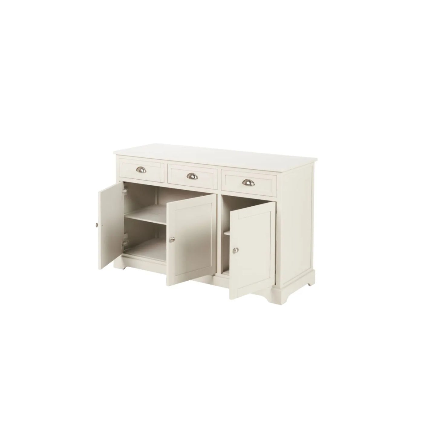 Warm Ivory Pine Wood 3 Door 3 Drawer Sideboard with Silver Cup Handles angled left with all three cupboard doors open showing interiors and internal shelves 75x120x35cm | Click Style