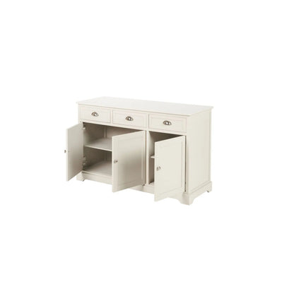 Warm Ivory Pine Wood 3 Door 3 Drawer Sideboard with Silver Cup Handles angled left with all three cupboard doors open showing interiors and internal shelves 75x120x35cm | Click Style