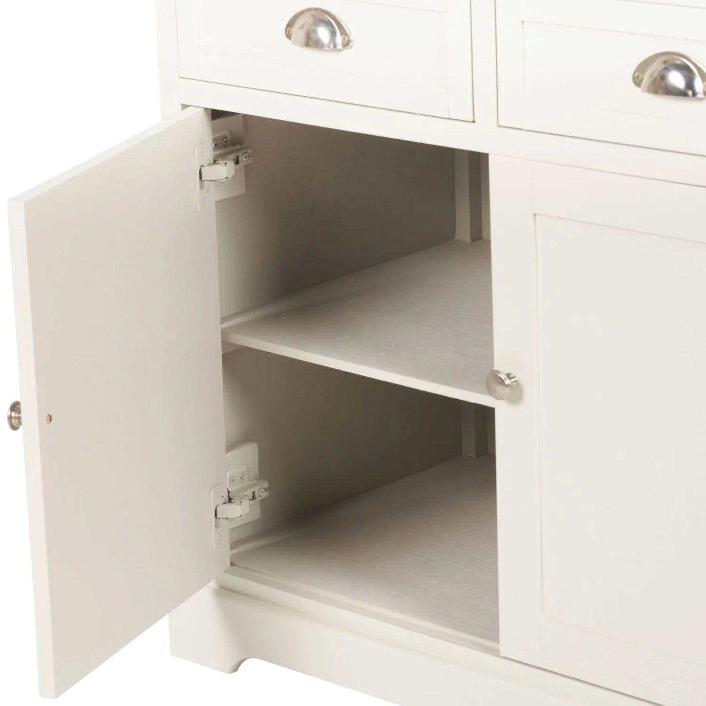 Warm Ivory Pine Wood 3 Door 3 Drawer Sideboard close-up angled left with cupboard door open showing interior and internal shelf 75x120x35cm | Click Style