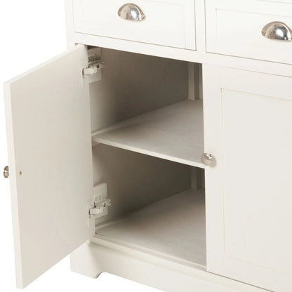 Warm Ivory Pine Wood 3 Door 3 Drawer Sideboard close-up angled left with cupboard door open showing interior and internal shelf 75x120x35cm | Click Style