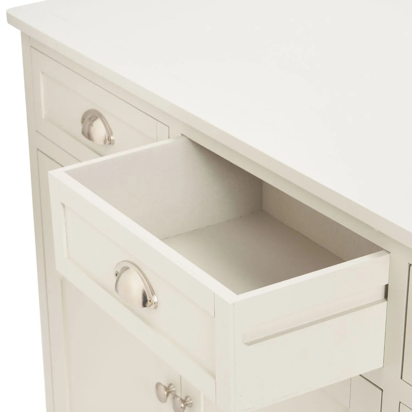 Warm Ivory Pine Wood 3 Door 3 Drawer Sideboard close-up angled left with middle drawer open showing polished silver cup handles and cupboard door knobs 75x120x35cm | Click Style