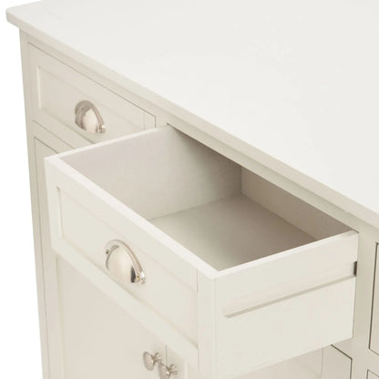 Warm Ivory Pine Wood 3 Door 3 Drawer Sideboard close-up angled left with middle drawer open showing polished silver cup handles and cupboard door knobs 75x120x35cm | Click Style