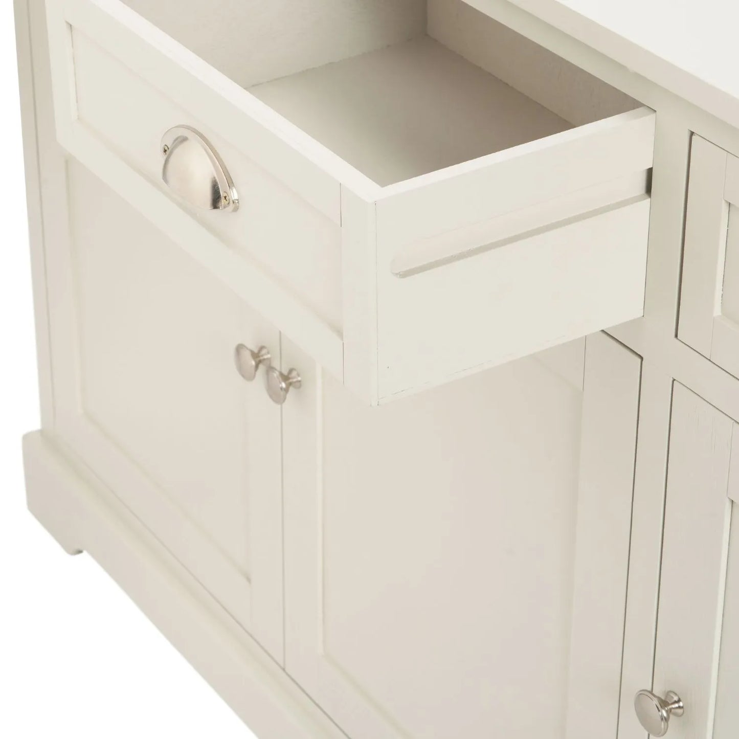 Warm Ivory Pine Wood 3 Door 3 Drawer Sideboard angled left with middle drawer open showing drawer interior, silver handles, cupboard knobs and bottom plinth 75x120x35cm | Click Style
