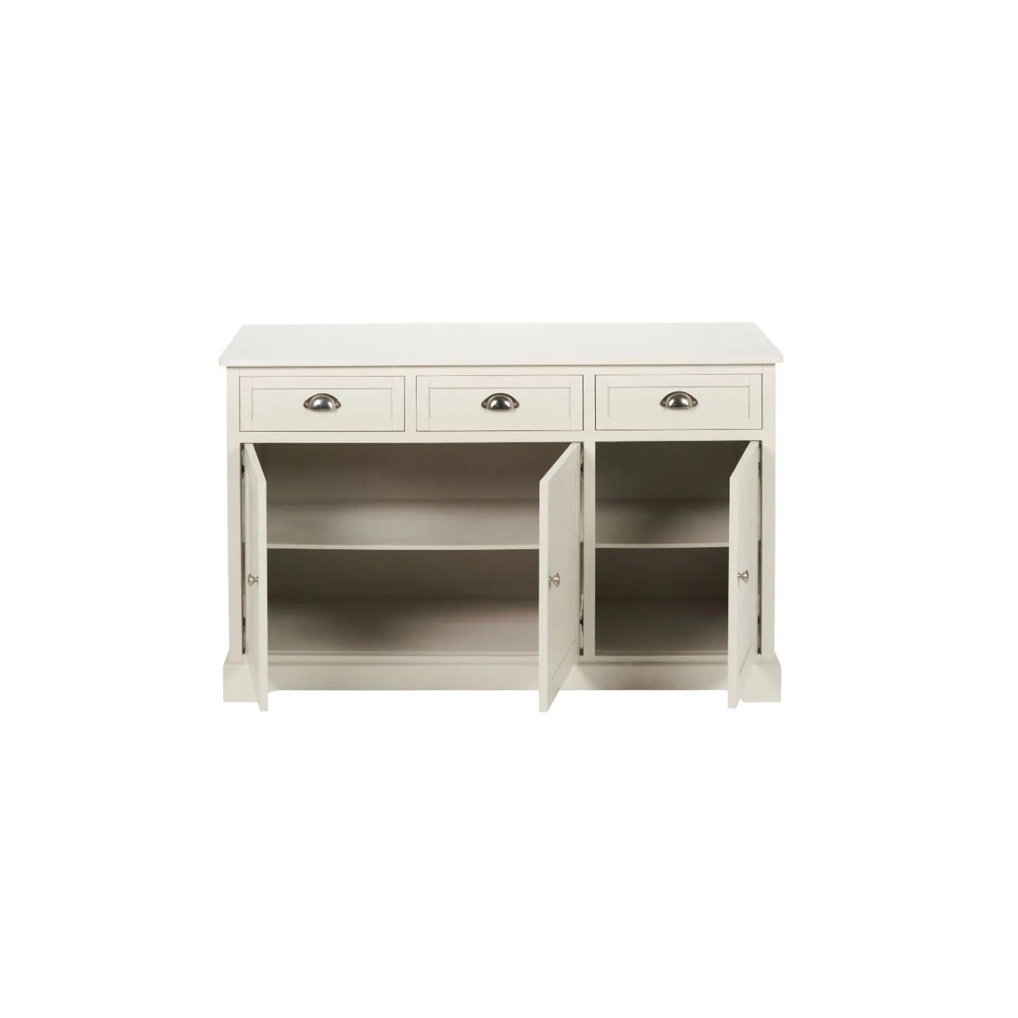 Warm Ivory Pine Wood 3 Door 3 Drawer Sideboard with Silver Cup Handles front view with all three cupboards open showing interiors and internal shelves 75x120x35cm | Click Style