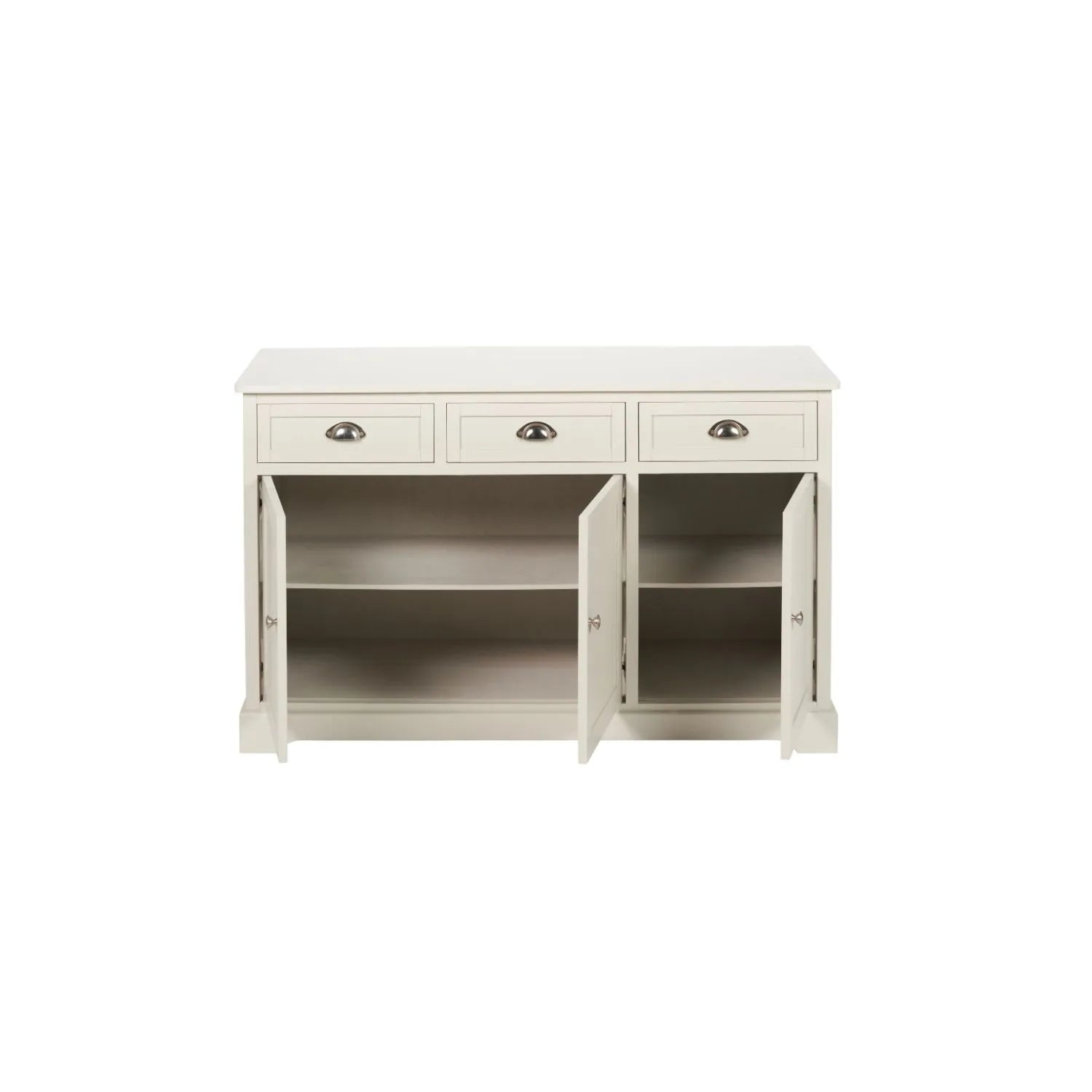 Warm Ivory Pine Wood 3 Door 3 Drawer Sideboard with Silver Cup Handles front view with all three cupboards open showing interiors and internal shelves 75x120x35cm | Click Style