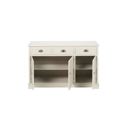Warm Ivory Pine Wood 3 Door 3 Drawer Sideboard with Silver Cup Handles front view with all three cupboards open showing interiors and internal shelves 75x120x35cm | Click Style