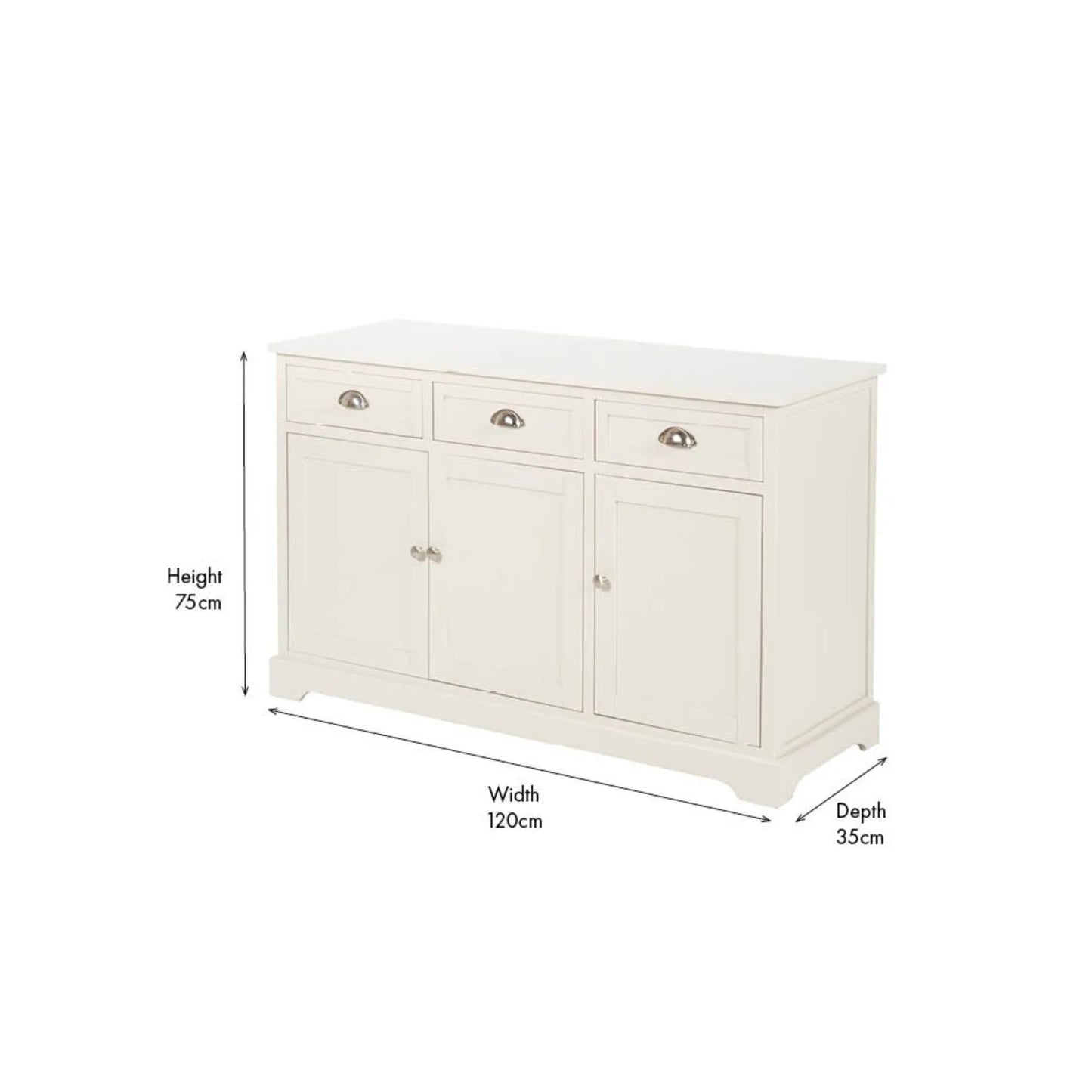 Warm Ivory Pine Wood 3 Door 3 Drawer Sideboard angled left showing complete front and side view with product dimensions 75x120x35cm | Click Style