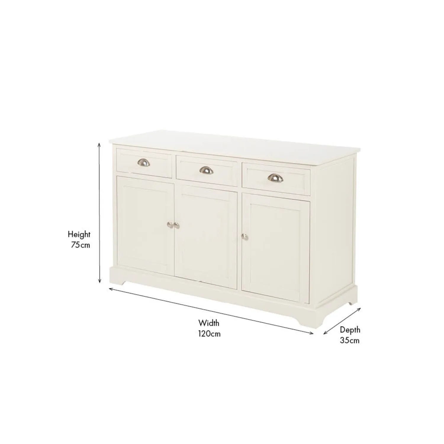 Warm Ivory Pine Wood 3 Door 3 Drawer Sideboard angled left showing complete front and side view with product dimensions 75x120x35cm | Click Style