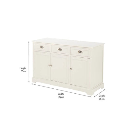 Warm Ivory Pine Wood 3 Door 3 Drawer Sideboard angled left showing complete front and side view with product dimensions 75x120x35cm | Click Style