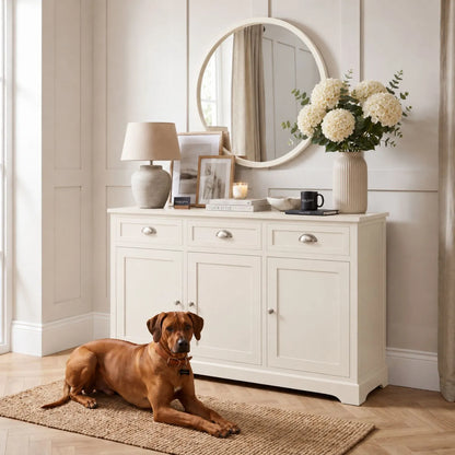 Warm Ivory Pine Wood 3 Door 3 Drawer Sideboard with Silver Cup Handles styled in a neutral home with a Rhodesian Ridgeback 75x120x35cm | Click Style