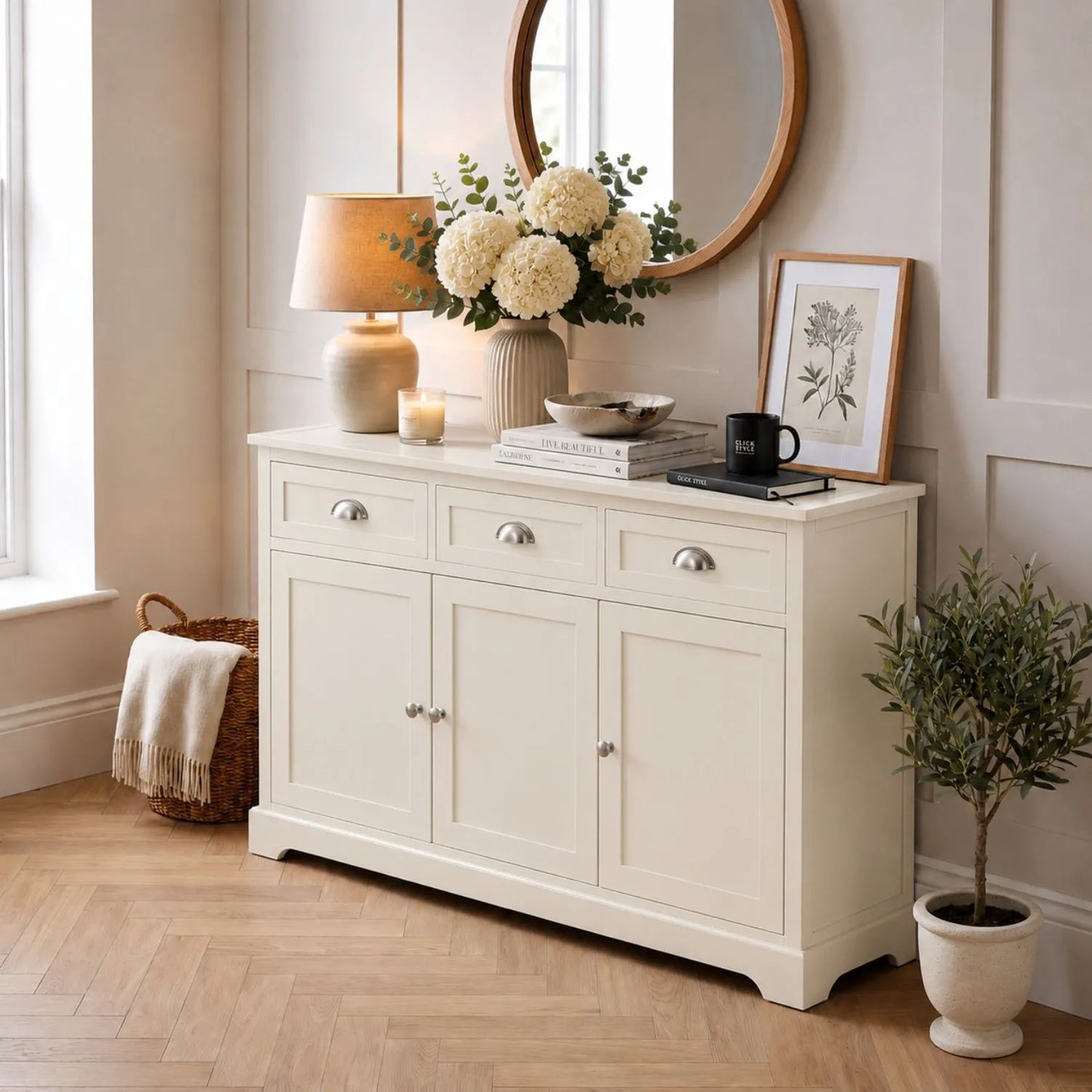 Warm Ivory Pine Wood 3 Door 3 Drawer Sideboard with Silver Cup Handles styled in a neutral home 75x120x35cm | Click Style
