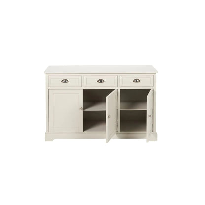 Warm Ivory Pine Wood 3 Door 3 Drawer Sideboard with Silver Cup Handles front view with middle and right cupboards open showing internal shelves 75x120x35cm | Click Style