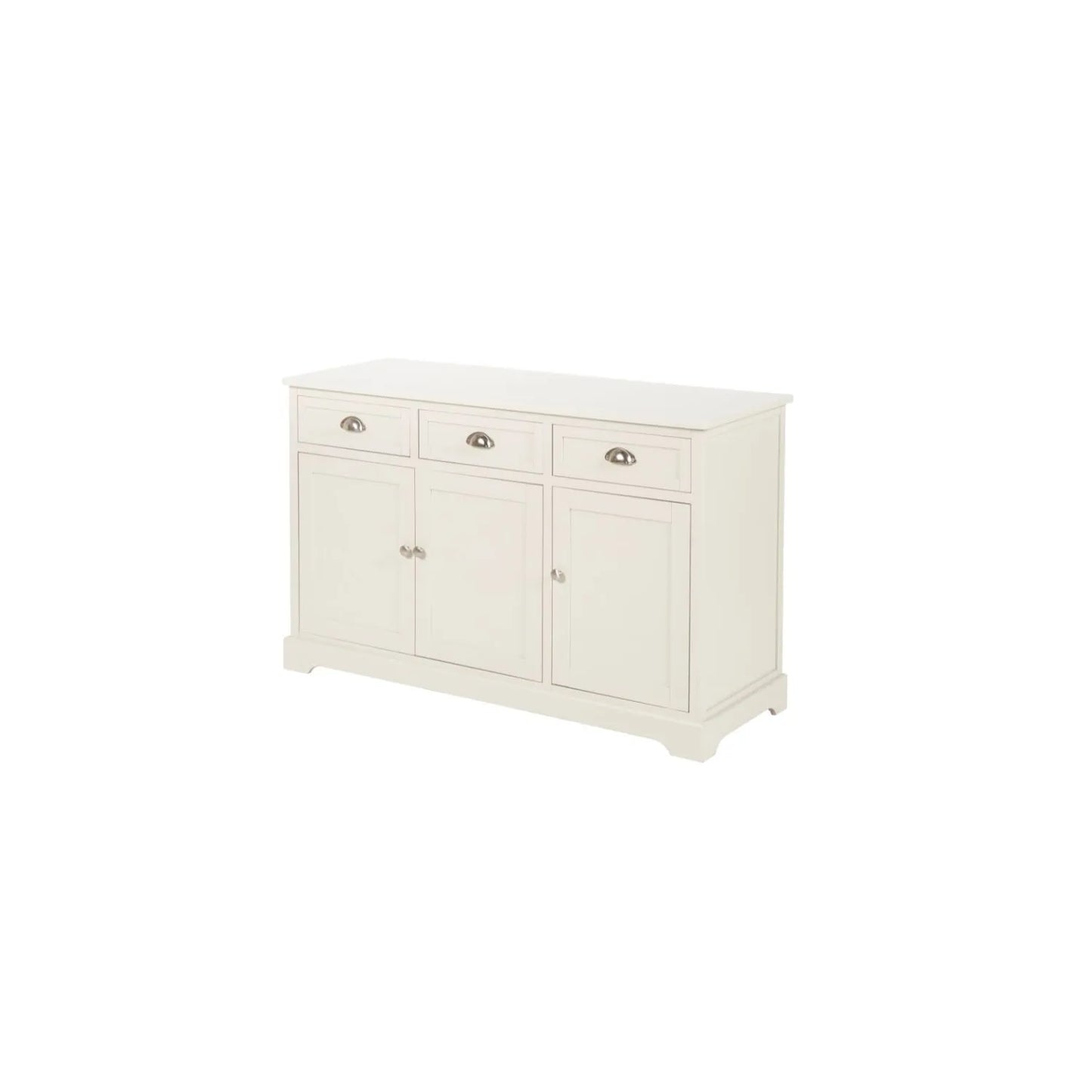 Warm Ivory Pine Wood 3 Door 3 Drawer Sideboard with Silver Cup Handles angled left showing front and side view 75x120x35cm | Click Style