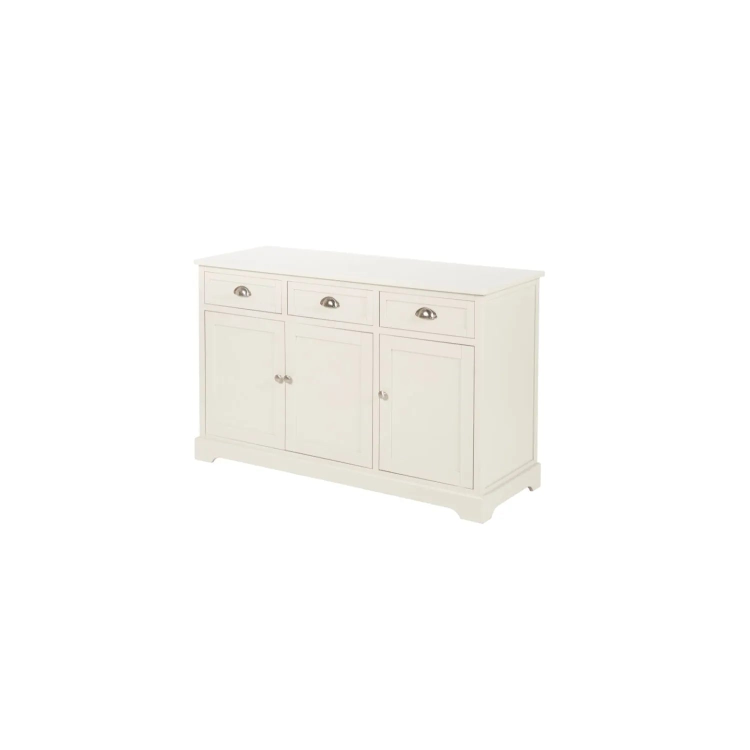 Warm Ivory Pine Wood 3 Door 3 Drawer Sideboard with Silver Cup Handles angled left showing front and side view 75x120x35cm | Click Style