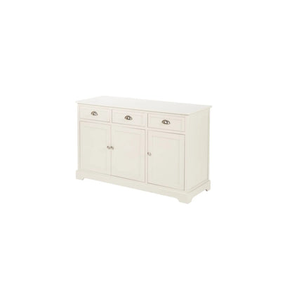 Warm Ivory Pine Wood 3 Door 3 Drawer Sideboard with Silver Cup Handles angled left showing front and side view 75x120x35cm | Click Style