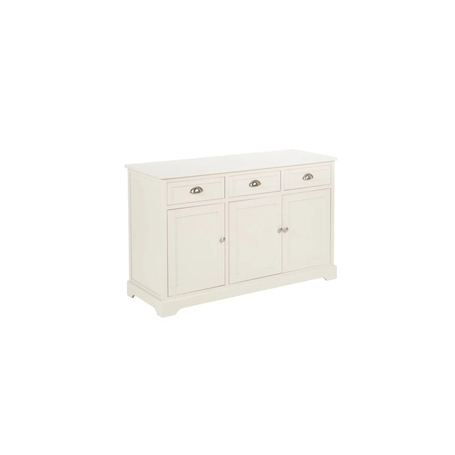 Warm Ivory Pine Wood 3 Door 3 Drawer Sideboard with Silver Cup Handles angled front and side view 75x120x35cm | Click Style
