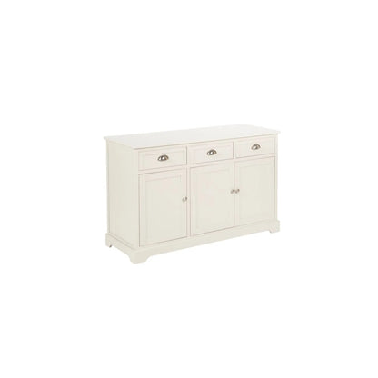 Warm Ivory Pine Wood 3 Door 3 Drawer Sideboard with Silver Cup Handles angled front and side view 75x120x35cm | Click Style