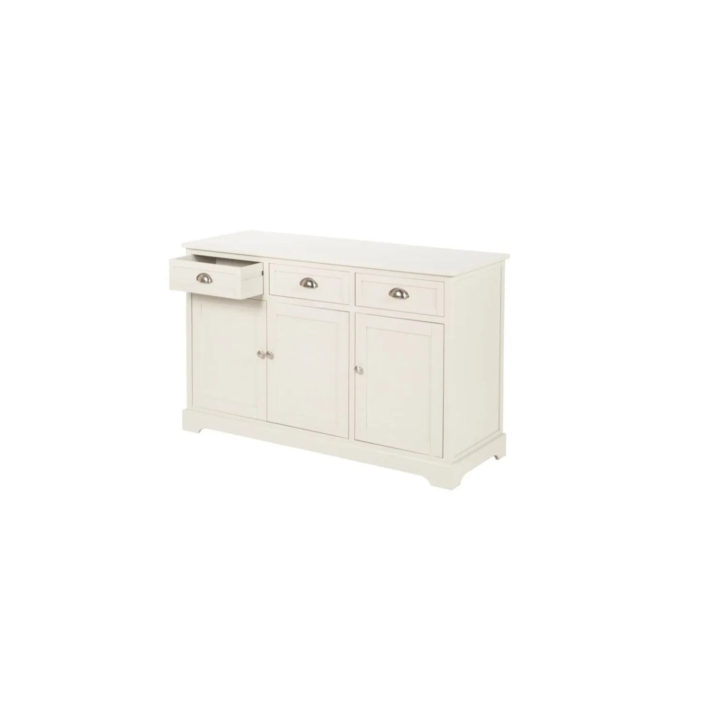Warm Ivory Pine Wood 3 Door 3 Drawer Sideboard with Silver Cup Handles angled left showing front and side with top drawer open 75x120x35cm | Click Style