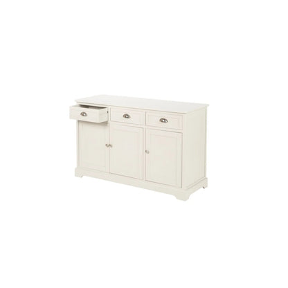 Warm Ivory Pine Wood 3 Door 3 Drawer Sideboard with Silver Cup Handles angled left showing front and side with top drawer open 75x120x35cm | Click Style