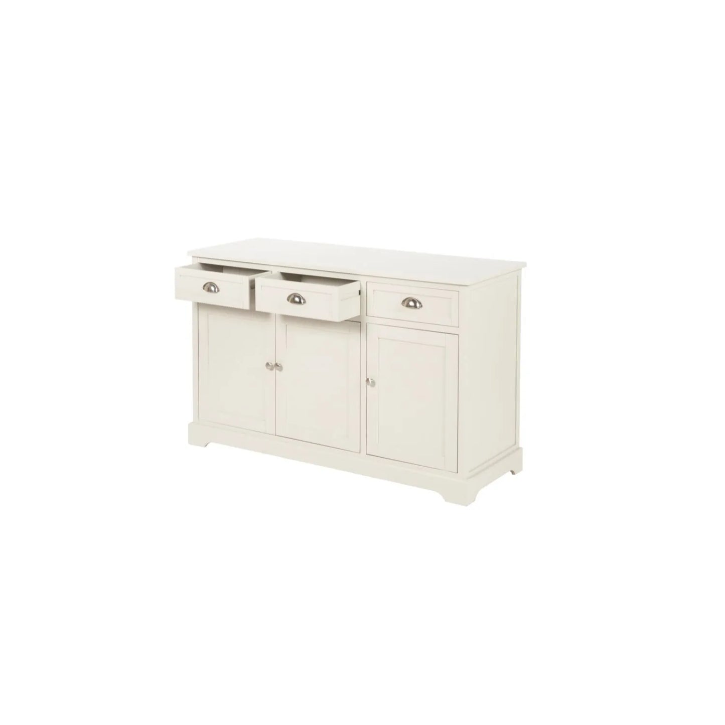 Warm Ivory Pine Wood 3 Door 3 Drawer Sideboard with Silver Cup Handles angled left showing front and side with two drawers open 75x120x35cm | Click Style