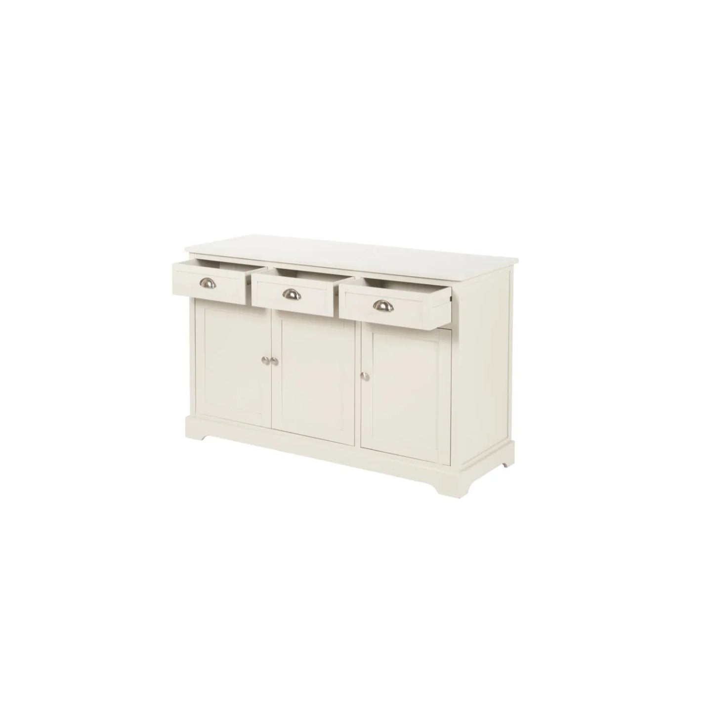 Warm Ivory Pine Wood 3 Door 3 Drawer Sideboard with Silver Cup Handles angled left showing front and side with all three drawers open 75x120x35cm | Click Style