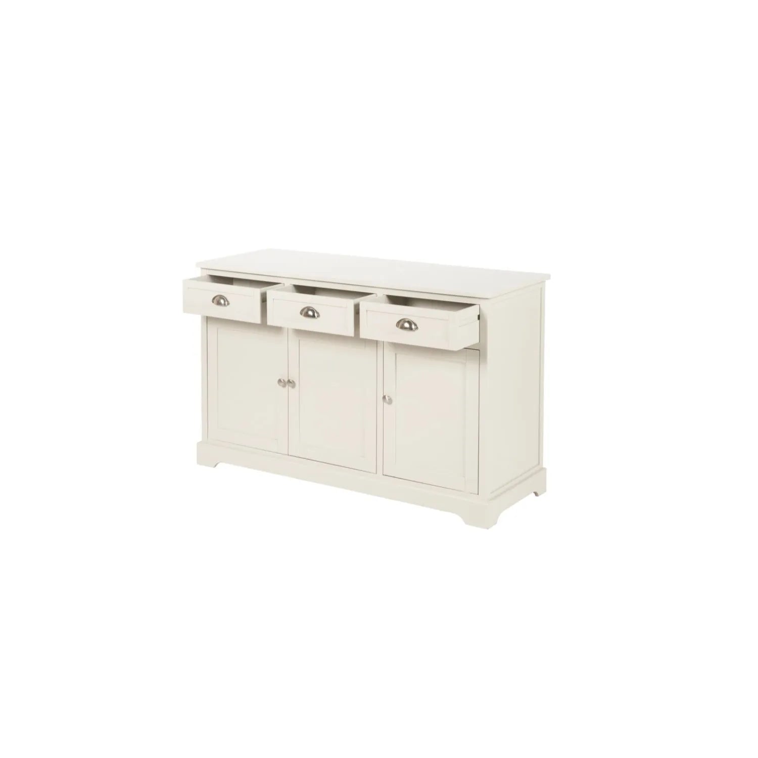 Warm Ivory Pine Wood 3 Door 3 Drawer Sideboard with Silver Cup Handles angled left showing front and side with all three drawers open 75x120x35cm | Click Style