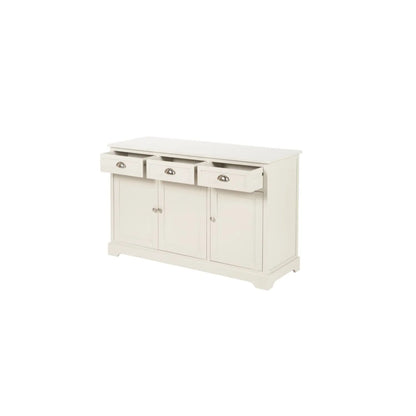Warm Ivory Pine Wood 3 Door 3 Drawer Sideboard with Silver Cup Handles angled left showing front and side with all three drawers open 75x120x35cm | Click Style