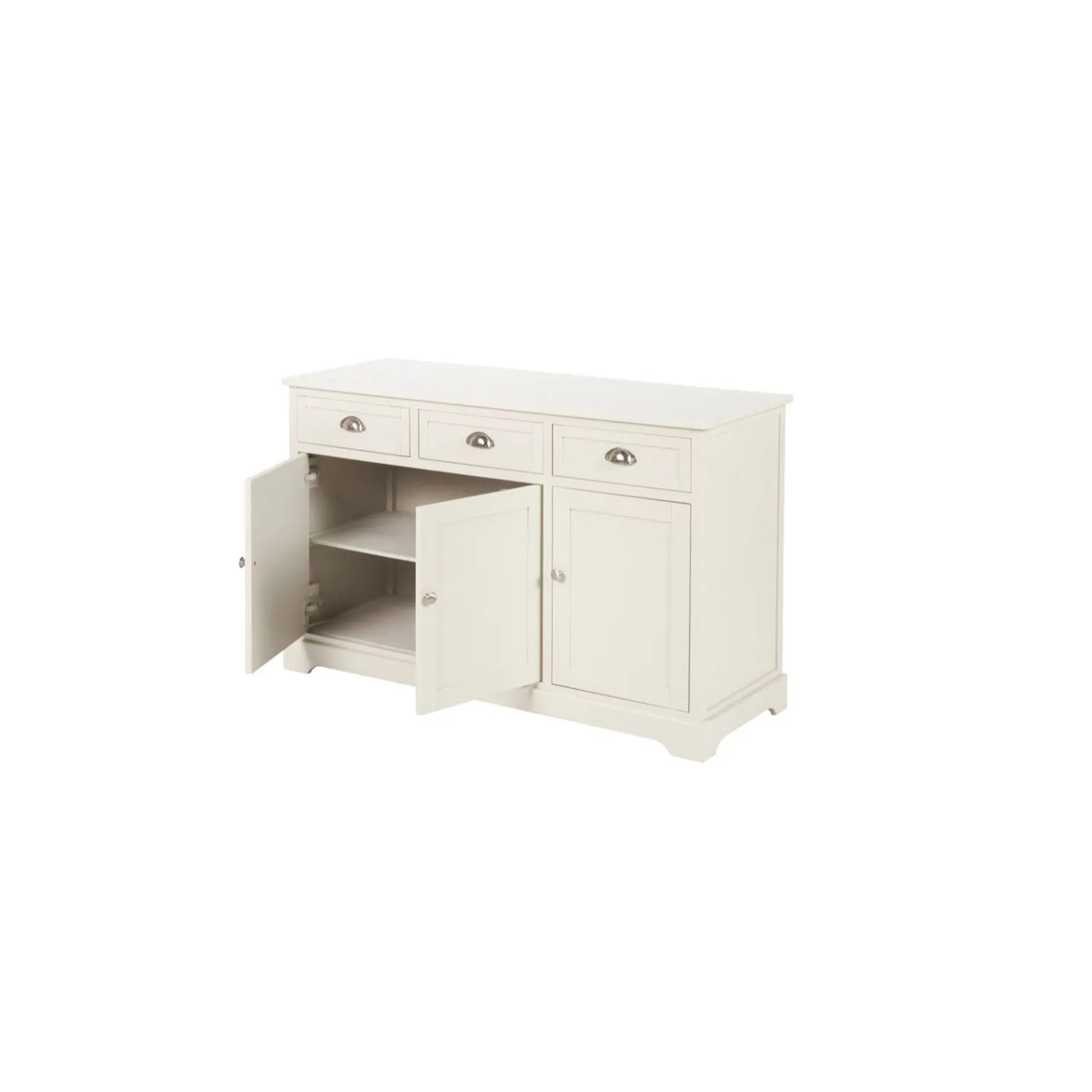 Warm Ivory Pine Wood 3 Door 3 Drawer Sideboard with Silver Cup Handles angled left with two cupboard doors open showing interiors and internal shelves 75x120x35cm | Click Style