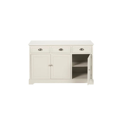Warm Ivory Pine Wood 3 Door 3 Drawer Sideboard with Silver Cup Handles front view with right cupboard open and internal shelf 75x120x35cm | Click Style