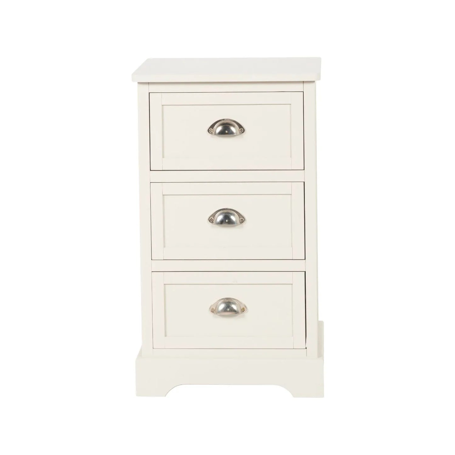 Warm Ivory Pine Wood 3 Drawer Chest of Drawers with Polished Silver Cup Handles front view 70x41x33cm | Click Style
