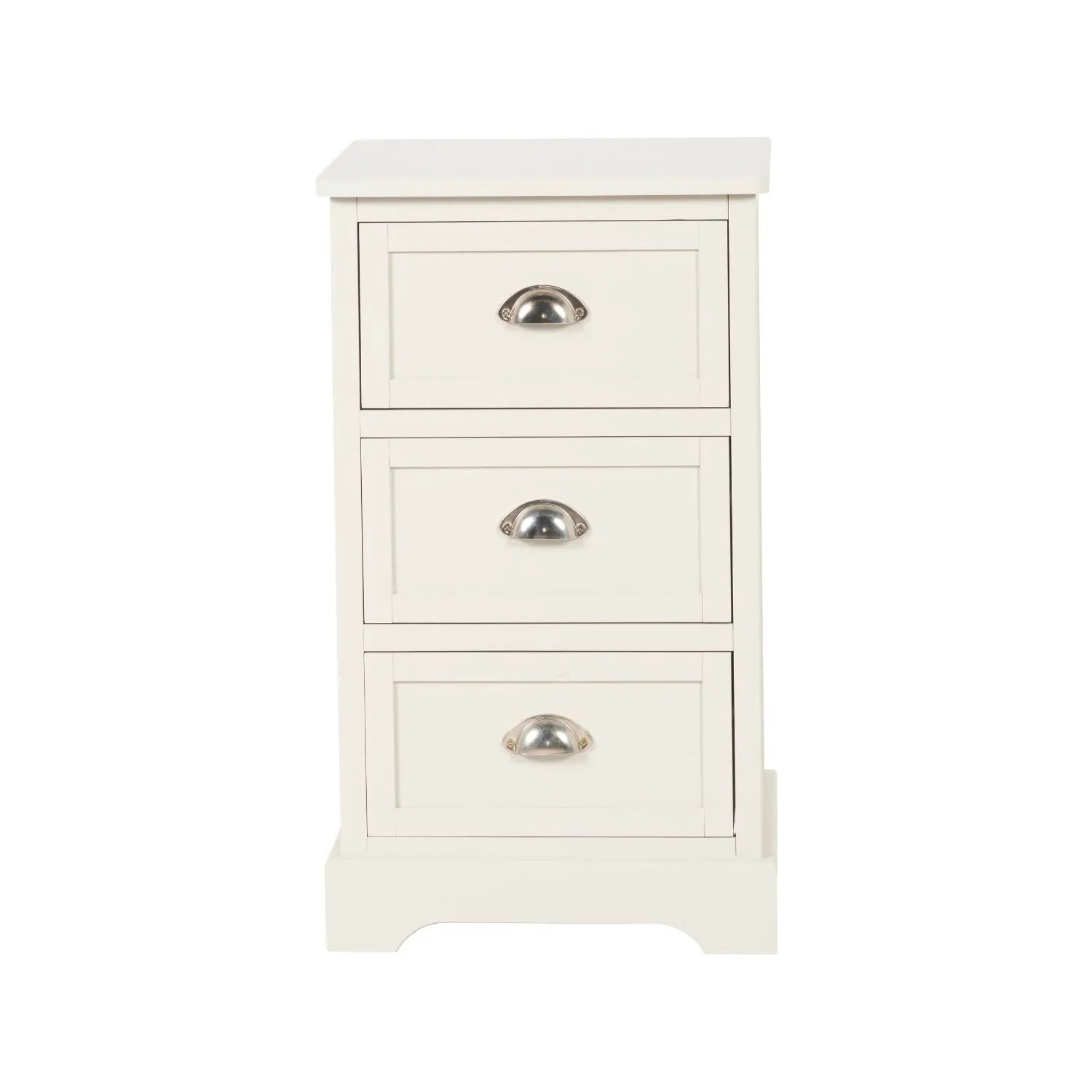 Warm Ivory Pine Wood 3 Drawer Chest of Drawers with Polished Silver Cup Handles front view 70x41x33cm | Click Style