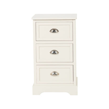 Warm Ivory Pine Wood 3 Drawer Chest of Drawers with Polished Silver Cup Handles front view 70x41x33cm | Click Style