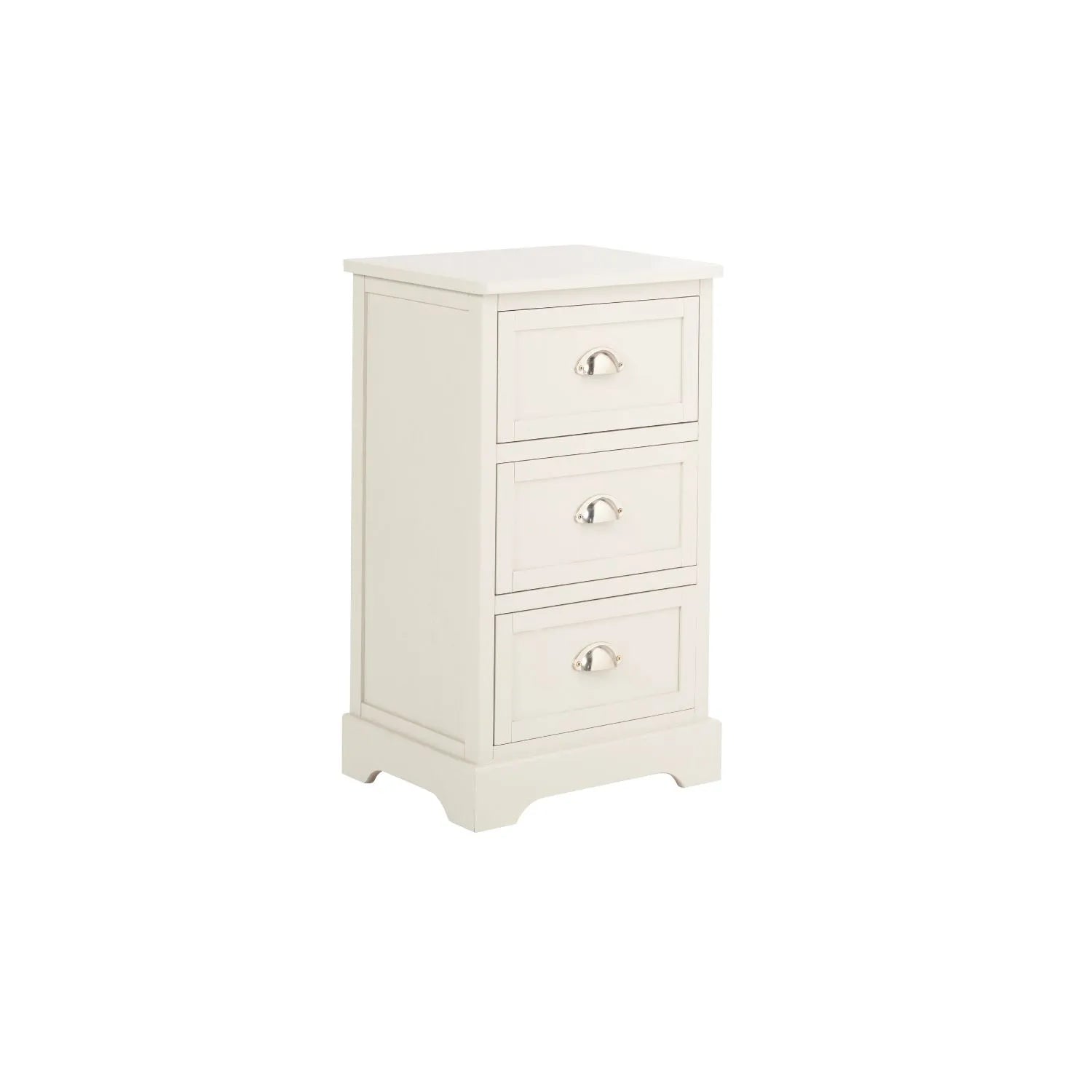 Warm Ivory Pine Wood 3 Drawer Chest of Drawers with Polished Silver Cup Handles front and side view facing right 70x41x33cm | Click Style