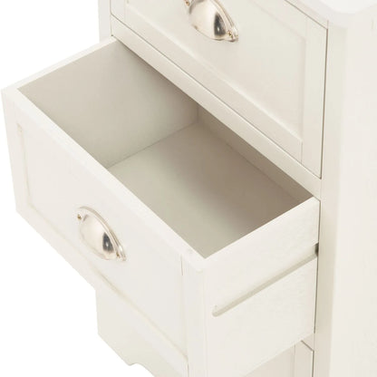 Warm Ivory Pine Wood 3 Drawer Chest of Drawers close-up angled left with middle drawer open showing interior and Polished Silver Cup Handle 70x41x33cm | Click Style