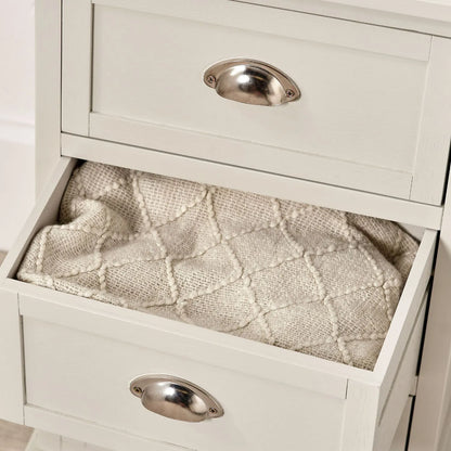 Warm Ivory Pine Wood 3 Drawer Chest of Drawers close-up with middle drawer open with cream throw and top drawer closed showing Polished Silver Cup Handles 70x41x33cm | Click Style