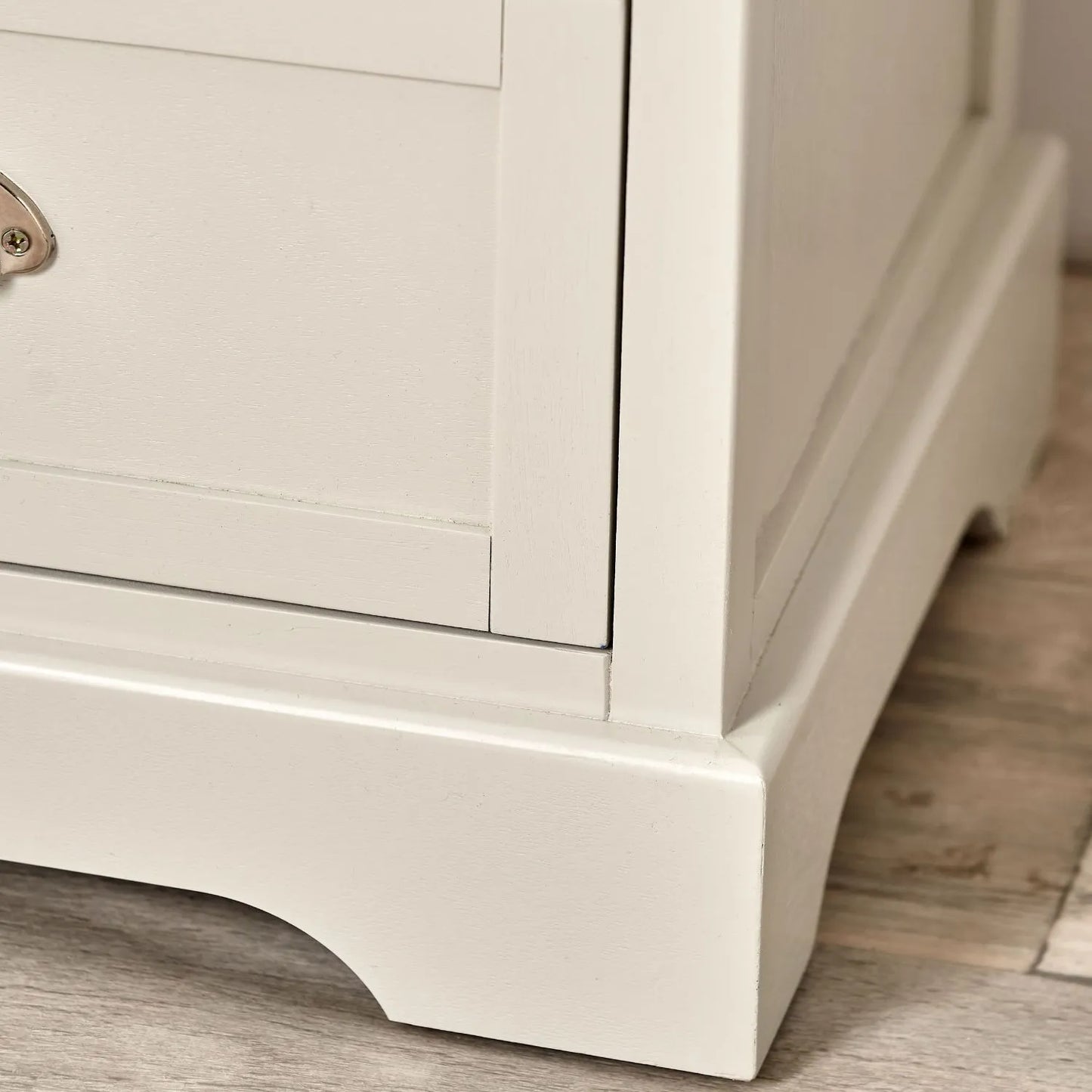 Warm Ivory Pine Wood 3 Drawer Chest of Drawers close-up of bottom right showing plinth detail 70x41x33cm | Click Style