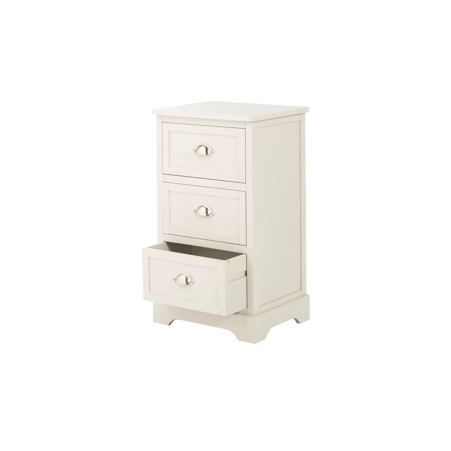 Warm Ivory Pine Wood 3 Drawer Chest of Drawers with Polished Silver Cup Handles front and side view facing left with bottom drawer open 70x41x33cm | Click Style