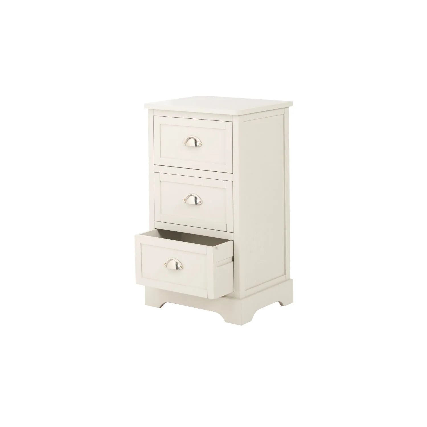 Warm Ivory Pine Wood 3 Drawer Chest of Drawers with Polished Silver Cup Handles front and side view facing left with bottom drawer open 70x41x33cm | Click Style