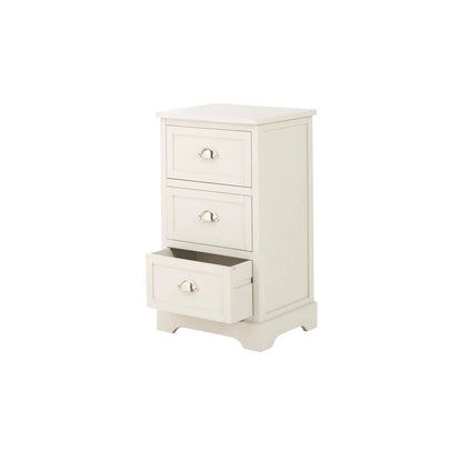 Warm Ivory Pine Wood 3 Drawer Chest of Drawers with Polished Silver Cup Handles front and side view facing left with bottom drawer open 70x41x33cm | Click Style