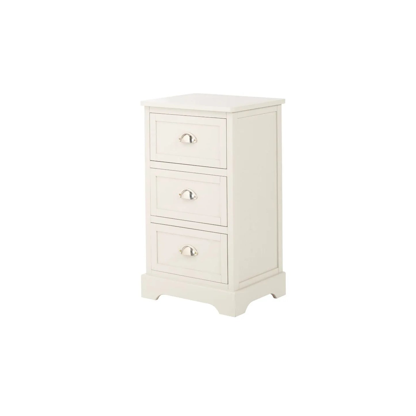 Warm Ivory Pine Wood 3 Drawer Chest of Drawers with Polished Silver Cup Handles front and side view facing left 70x41x33cm | Click Style