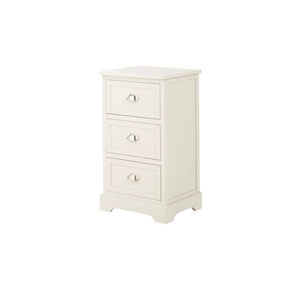 Warm Ivory Pine Wood 3 Drawer Chest of Drawers with Polished Silver Cup Handles front and side view facing left 70x41x33cm | Click Style