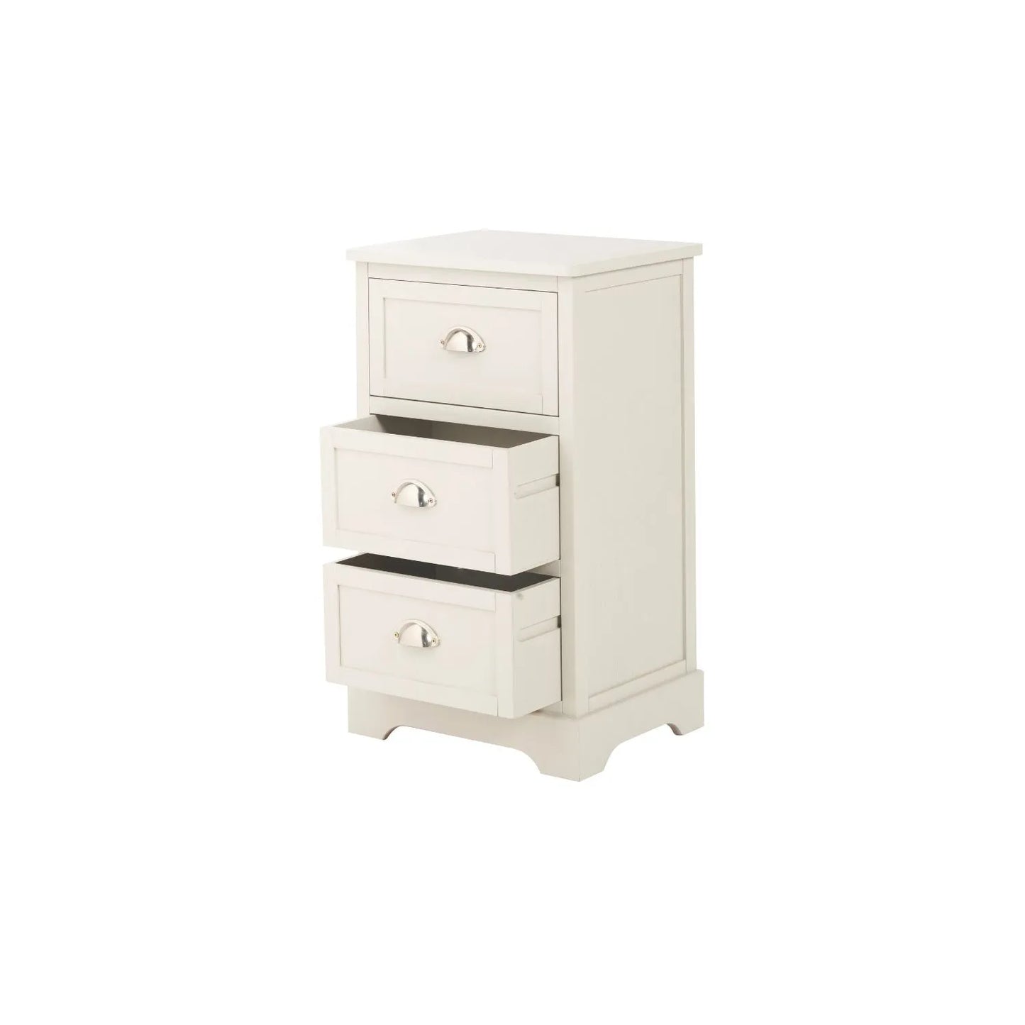 Warm Ivory Pine Wood 3 Drawer Chest of Drawers with Polished Silver Cup Handles front and side view facing left with two drawers open 70x41x33cm | Click Style