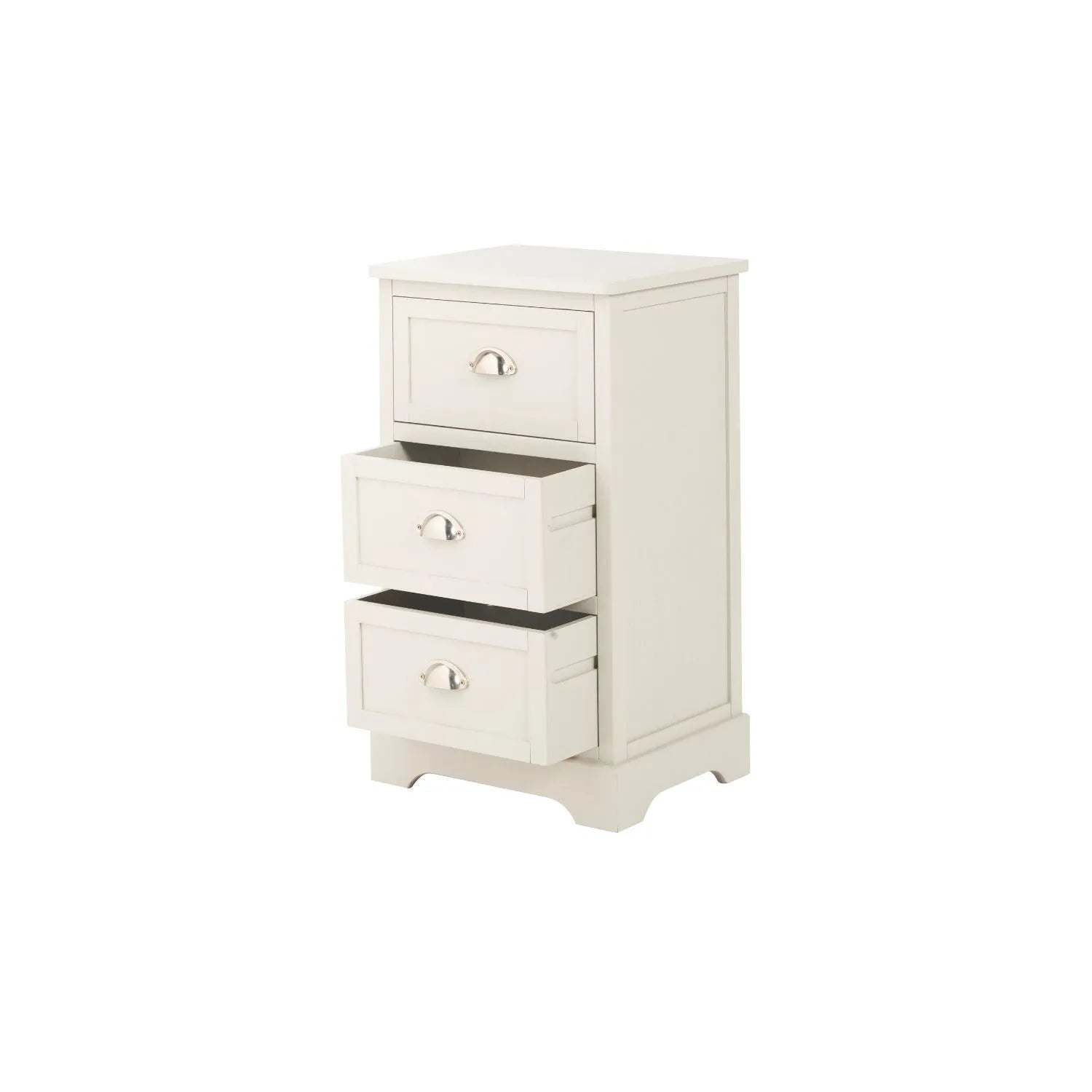 Warm Ivory Pine Wood 3 Drawer Chest of Drawers with Polished Silver Cup Handles front and side view facing left with two drawers open 70x41x33cm | Click Style
