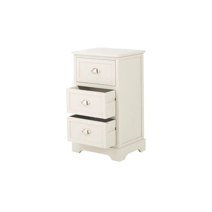 Warm Ivory Pine Wood 3 Drawer Chest of Drawers with Polished Silver Cup Handles front and side view facing left with two drawers open 70x41x33cm | Click Style