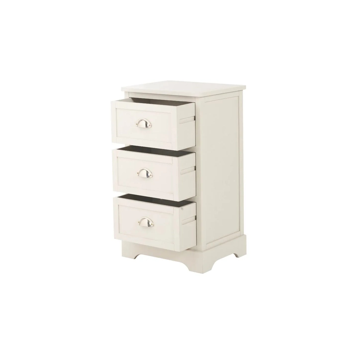 Warm Ivory Pine Wood 3 Drawer Chest of Drawers with Polished Silver Cup Handles front and side view facing left with all three drawers open 70x41x33cm | Click Style