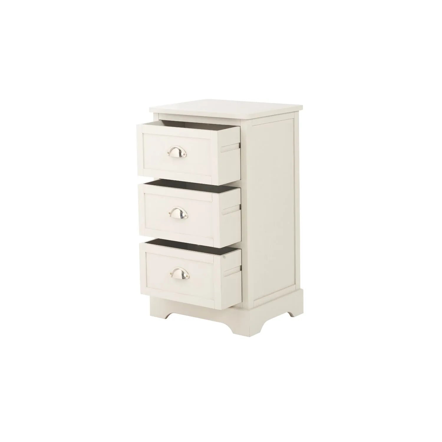 Warm Ivory Pine Wood 3 Drawer Chest of Drawers with Polished Silver Cup Handles front and side view facing left with all three drawers open 70x41x33cm | Click Style