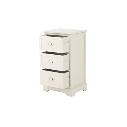 Warm Ivory Pine Wood 3 Drawer Chest of Drawers with Polished Silver Cup Handles front and side view facing left with all three drawers open 70x41x33cm | Click Style