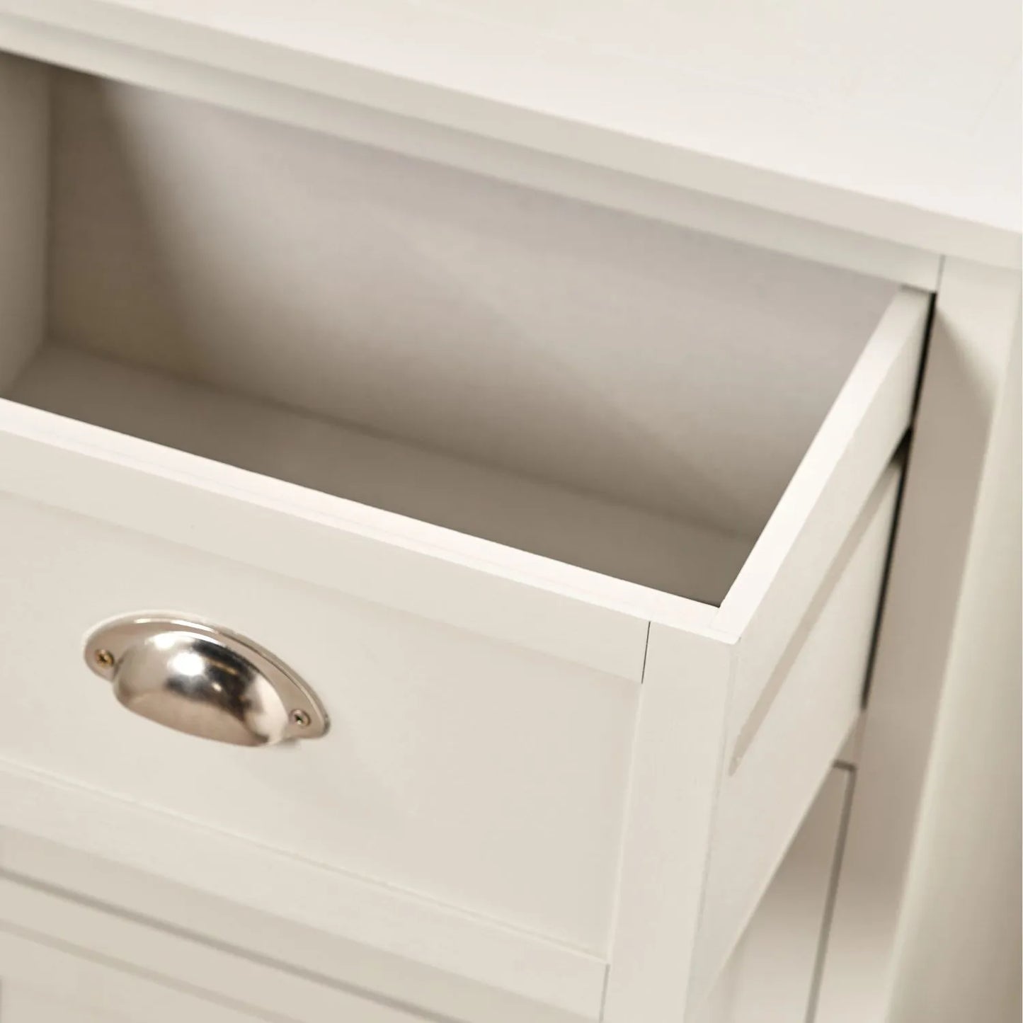 Warm Ivory Pine Wood 3 Drawer Chest of Drawers close-up of top right with open top drawer and Polished Silver Cup Handle 70x41x33cm | Click Style