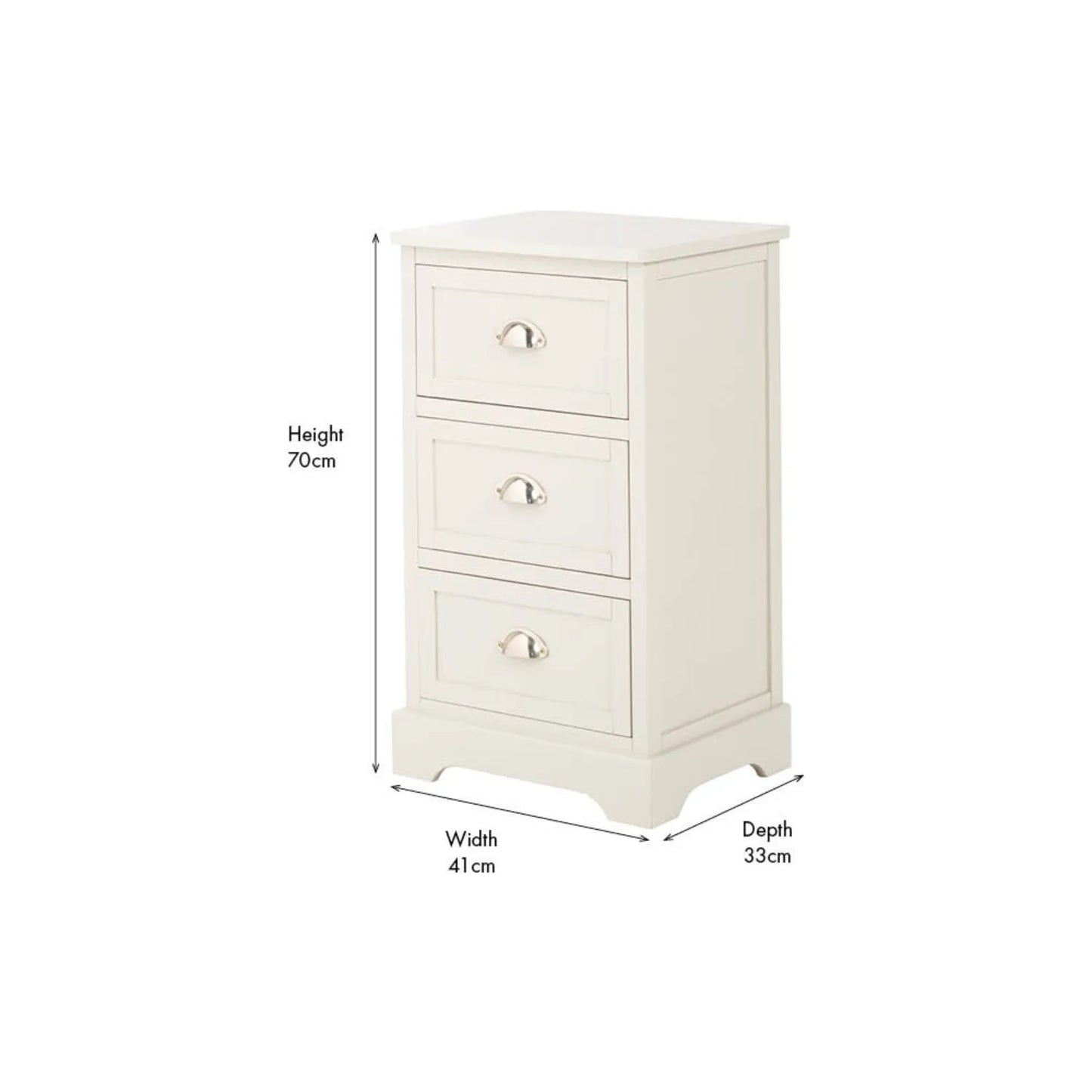 Warm Ivory Pine Wood 3 Drawer Chest of Drawers front and side view angled left showing product dimensions 70x41x33cm | Click Style