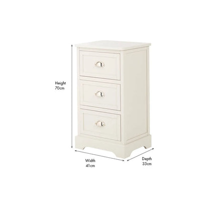 Warm Ivory Pine Wood 3 Drawer Chest of Drawers front and side view angled left showing product dimensions 70x41x33cm | Click Style